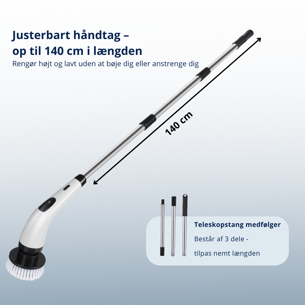 Cleano Brush – 8 i 1 trådløs elektrisk rengøringsbørste med 140 cm teleskopstang