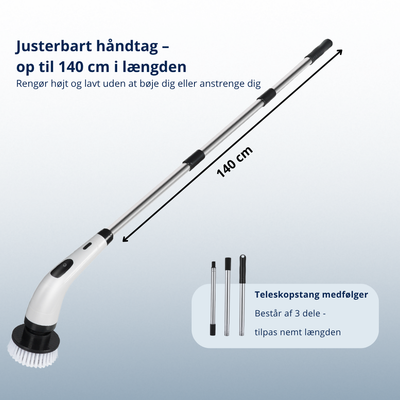 Cleano Brush – 8 i 1 trådløs elektrisk rengøringsbørste med 140 cm teleskopstang