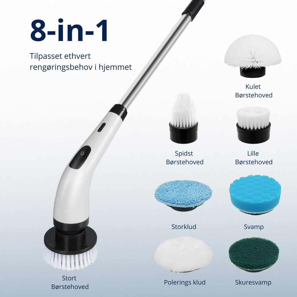 Cleano Brush – 8 i 1 trådløs elektrisk rengøringsbørste med 140 cm teleskopstang