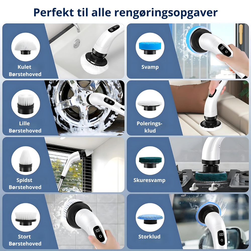 Cleano Brush – 8 i 1 trådløs elektrisk rengøringsbørste med 140 cm teleskopstang